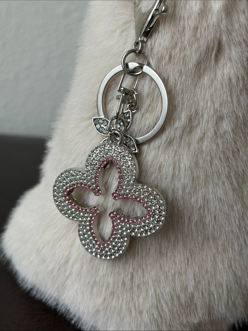 Blooming Flower Crystal Keychain Bag Charm Silver with Pink Accents NWOT